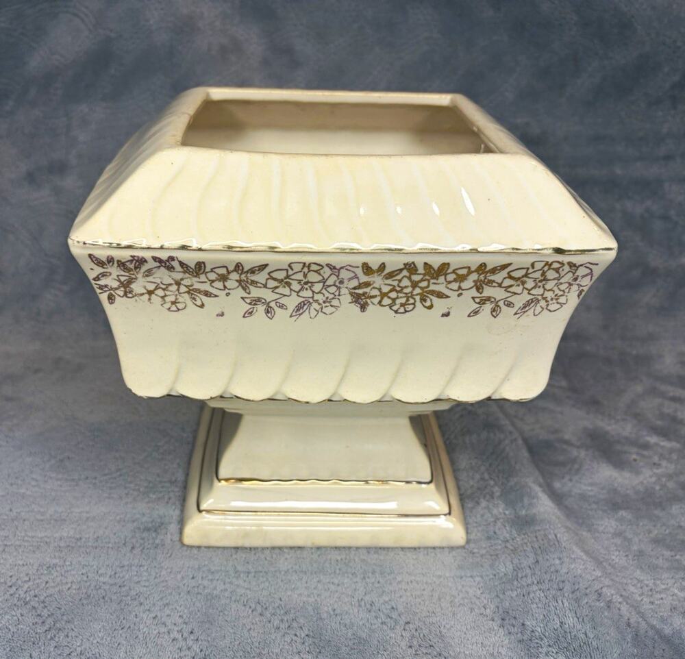 Vintage McCoy USA Cream Gold Floral Pedestal Planter Square Urn Bowl -Read Flaws